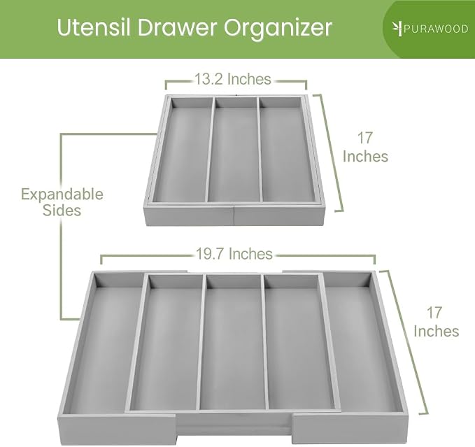 Purawood Kitchen Drawer Organizer - Expandable Utensil Drawer Organizer for Kitchen, Cutlery Tray & Silverware Organizer, 3-5 Slots - Bamboo Organizer for Utensils & Flatware (Grey) - Image 2