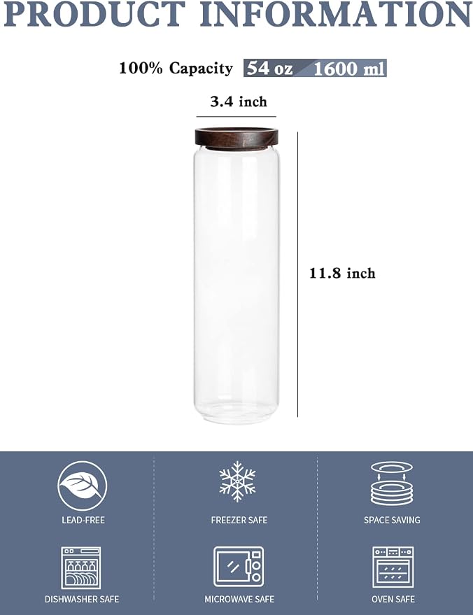 Kanwone Airtight Food Storage Containers Set of 3, 54 Ounce Glass Storage Containers with Bamboo lids, Clear Glass Canisters for Pantry, kitchen, Flour, Sugar, Tea, Coffee, Cookies, Spice and Herbs - Image 2