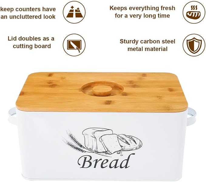 SOTECH Bread Box with 3pcs Jars Coffee Sugar Tea for Kitchen Countertop White Metal Bread Box with Bamboo Board Cover Pastry Storage Container Set Kitchen decor (bread box + jars + butter dish) - Image 4