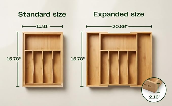 Expandable Bamboo Silverware Drawer Organizer, Utensil Holder Tray | 6 Compartments, 3 Movable Dividers, Fits 11.9-20.8 in Wide, Non-Slip Base, Cutlery & Flatware Caddy for Kitchen, Bath, Office - Image 2