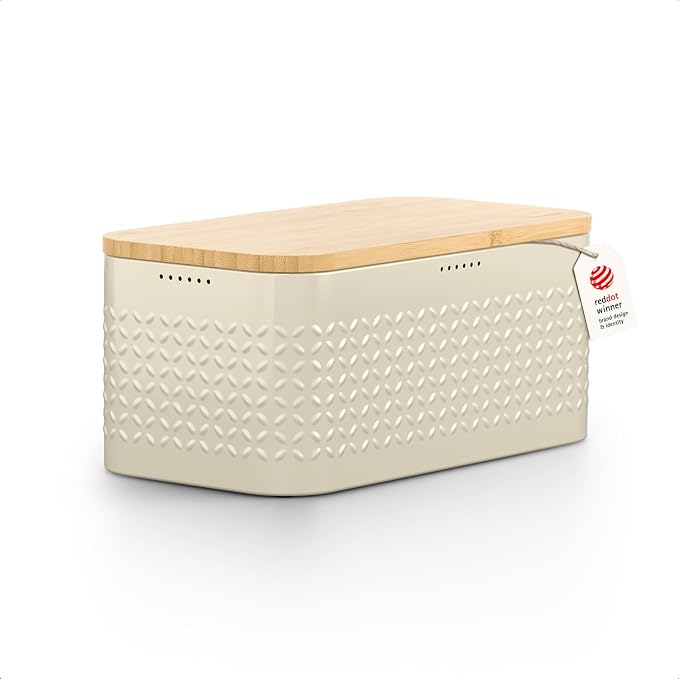 LARS NYSØM Bread Box I Metal bread box for long lasting freshness with non-slip pads I Baked goods Bin with bamboo lid usable as cutting board I 13.6x7.3x6.2in (Almond Beige) by LN