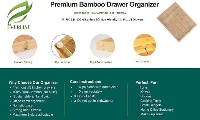 EVERLINE Expandable Bamboo Drawer Organizer for Kitchen Utensils | Adjustable Silverware Organizer Tray, 7-9 Compartments, Natural Bamboo, Cutlery & Kitchen Storage - Image 5