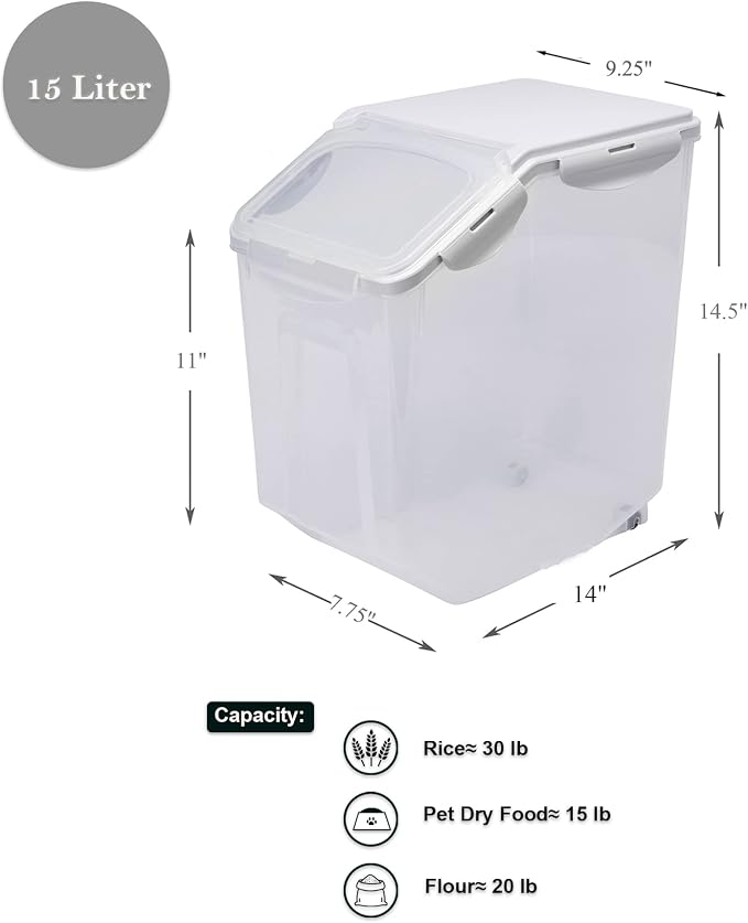 15 Liter / 30 lbs Rice Storage Container with Measuring Cup, BPA free, For Rice | Grain | Pet Food | Flour, 1 count, Clear - Image 5