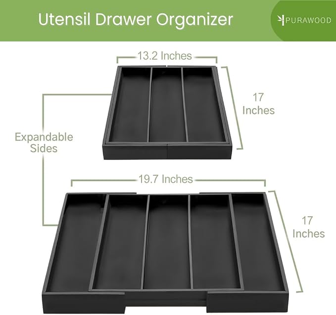 Purawood Kitchen Drawer Organizer - Expandable Utensil Organizer for Kitchen, Cutlery Tray & Silverware Organizer, 3-5 Slots - Bamboo Drawer Organizer for Utensils & Flatware (Black) - Image 2