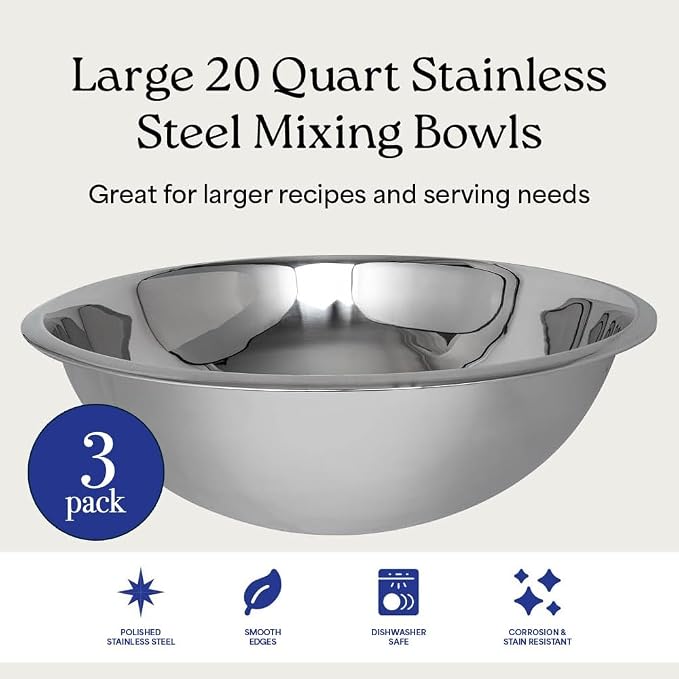 20 Quart Large Stainless Steel Mixing Bowls Set, 3-Pack, Nesting Bowls | Extra Large Commercial Grade Metal Bowls for Meal Prep, Baking, Serving, Food Storage. Rustproof & Dishwasher Safe - Image 4