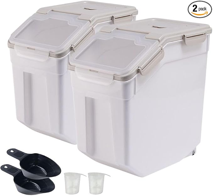 50 lb Flour Storage Container, 2 Pack Rice Storage Container with Measuring Cup/Wheels Seal Locking Lid for Flour, Rice, Grain, Cereal, Dry Food Dispenser Organizer Storage Bin (Grey) by Mairuker