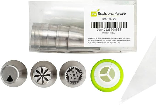 Pastry Tek Russian Piping Tips Set, 23 Piece Durable Cake Decorating Kit - 12 Piping Tips, 10 Piping Bags, Stainless Steel Piping Bags And Tips Set, 1 Tri-Color Coupler, - Restaurantware by Restaurantware