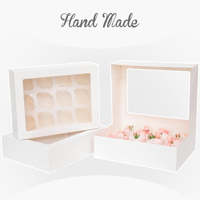 qiqee Auto-pop Up Cupcake Boxes with Window White 40PCS 12 Count Cupcake Box 13"x10"x3.5" Cupcakes Carrier, 12 Cupcake Containers with 2 rolls of pink ribbons - Image 4