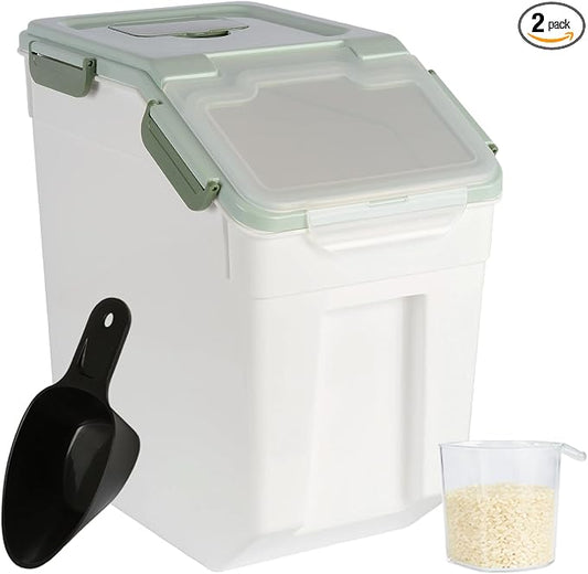 Rice Container 25 lbs Large Bulk Flour Sugar Storage Holdhouse Plastic Grain Cereal Dry Goods Bin with Spoon and Measuring Cup for Kitchen Pantry Organization - Green by MXCELL