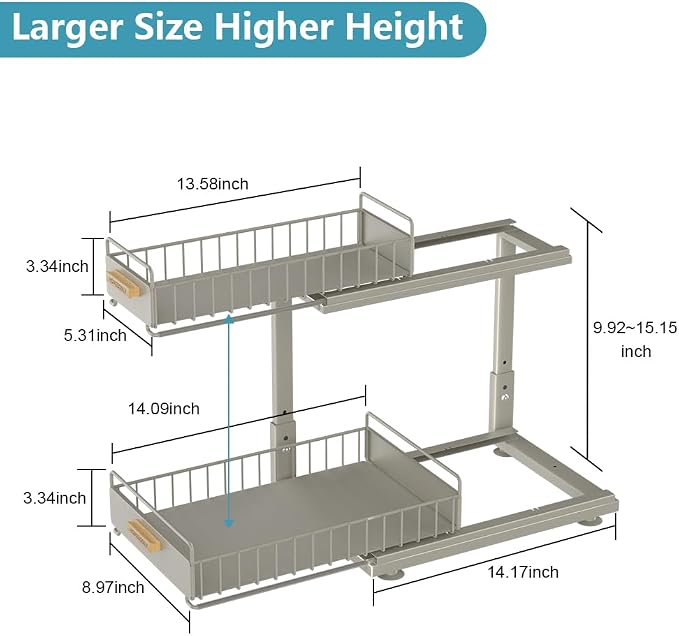 Under Sink Organizer, Pull Out Kitchen Cabinet Organizer 2 Tier Slide Out Under Sink Organizers and Storage, Sink Shelf Cabinet Storage Shelves for Kitchen Bathroom Pantry, Grey - Image 7