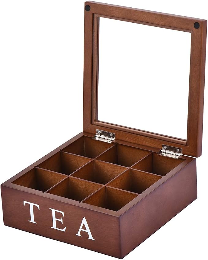 Wood Tea Storage Box, Teabag Storing 9 Compartments Wooden Tea Box Hinged Glass Lid Tea Organizer-Brown - Image 2