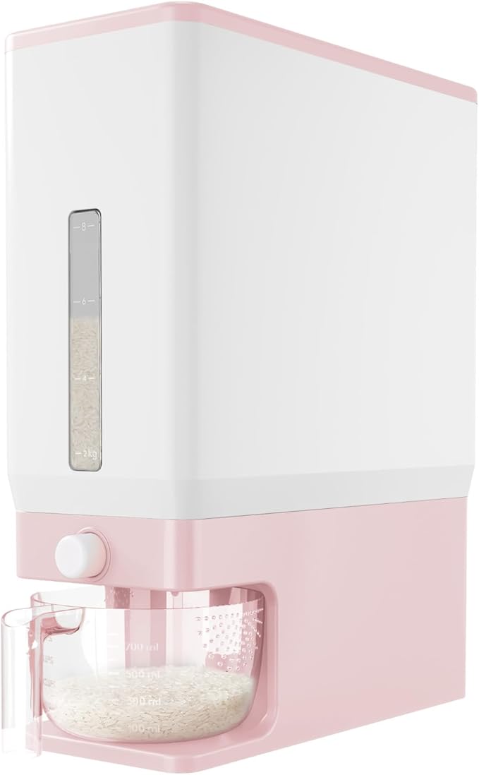 Lifewit Rice Dispenser 25 Lbs, Airtight Storage with Measuring Cup, Pink | BPA-Free 11.3kg Capacity Storage Container for Beans, Corn & Other Small Grains, One-Press Dispensing Bin for Kitchen Pantry by Lifewit