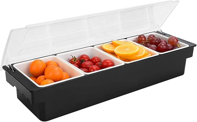 Ice Cooled Condiment Caddy with Lid, 4 Compartments | Under-tray ice space for chilling, removable trays for quick refill, Portable,for fruit veggies sauces, bars buffets parties by POWLAB