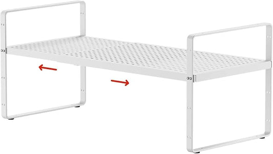 Expandable Cabinet Shelf Organizers, 16.5"~27''L, White | Stackable Metal Shelves, Adjustable Spices Rack Stand, For Kitchen Countertop Storage, For Cupboard Pantry, 8" W x 9.6" H by jkxoo