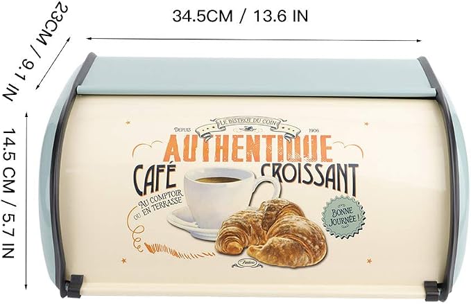 Metal Bread Storage Container, Large Capacity Vintage Roll Top Bread Box Bread Holder Bread Dispenser Kitchen Countertop Box for Kitchen Bread Storage 13.6 * 9.1 * 5.7 in (Blue) - Image 2