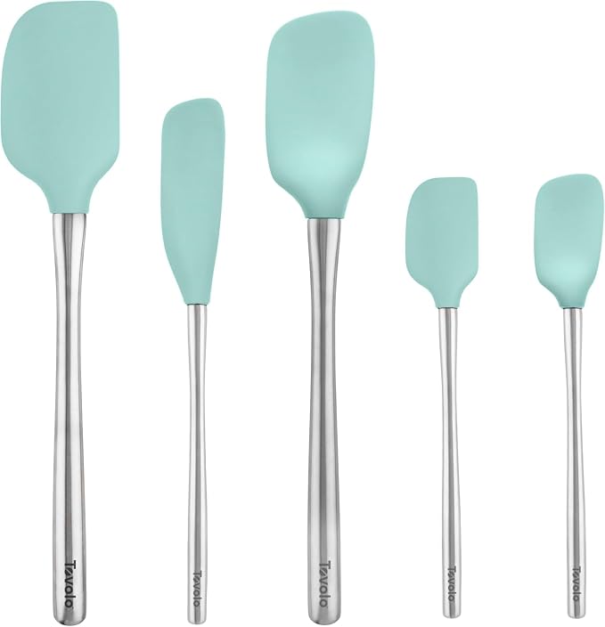 Tovolo Stainless Steel Handled Silicone Spatula Set of 5, Dishwasher Safe Kitchen Spatula Set for Cooking Baking, BPA Free Silicone Spatula set with Metal Steel Handle, Aqua Seafoam Green by Tovolo