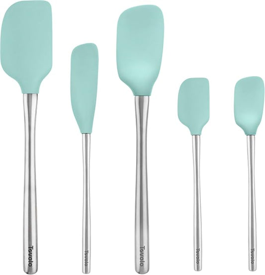 Tovolo Stainless Steel Handled Silicone Spatula Set of 5, Dishwasher Safe Kitchen Spatula Set for Cooking Baking, BPA Free Silicone Spatula set with Metal Steel Handle, Aqua Seafoam Green by Tovolo