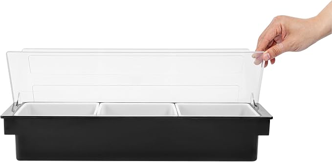 Restaurantware Bar Lux 19.6 x 6.3 x 3.7 Inch Condiment Caddy 1 Durable Bar Caddy - 3 Removable Compartments Built-In Lid Black Plastic Condiment Holder For Restaurant Store Cocktail Garnish - Image 12