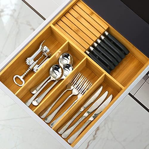 VaeFae Bamboo Silverware Drawer Organizer with Knife Block Set - Image 8