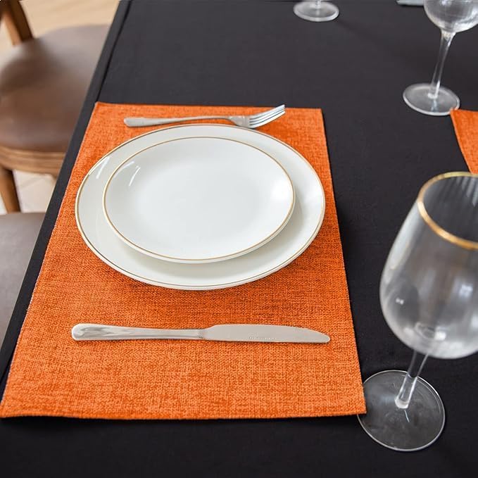Linen Placemats Set of 8, Machine Washable, Heat Resistant, Wrinkle Free, Thick Polyester Kitchen Place Mats for Dining Table (Orange) - Image 3