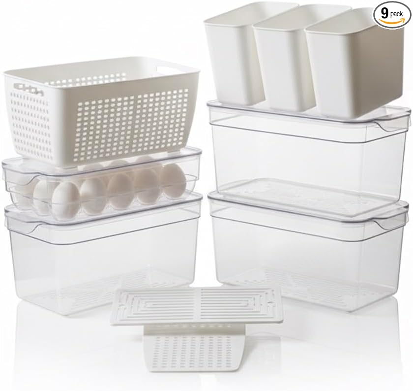 Clear Stackable Storage Containers with Lids BPA-Free Organizer Bins for Refrigerator Pantry Fridge Drawer with Colander and Dividers for Kitchen Food Preservation and Home Organization BPA Free by BONNAVITAHome