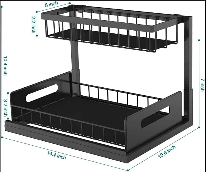 Under Sink Organizer 2-Pack Slide Out Drawer 2 Tier Storage Black Under Cabinet Kitchen Bath - Image 2