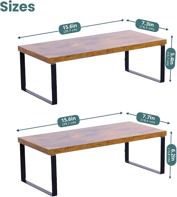 Sben Cabinet Organizer Shelf, Set of 2 Kitchen Counter Shelves, Kitchen Storage, Spice Rack, Stackable, Expandable, Metal and Engineered Wood, Ink Black and Rustic Brown - Image 3