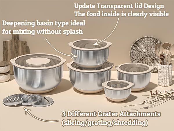 Mixing Bowles Set with Lids Set - Warp-Proof TPR-AS Lids, Stainless Steel Mixing Bowl with 3 Graters & Measuring Lines, Non-Slip Bowls for Baking, Prep, Airtight Food Storage (Khaki 5/3/2/1.5/0.63QT) - Image 5