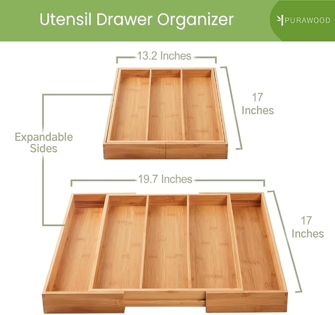 Purawood Kitchen Drawer Organizer, 2 Pack - Expandable Utensil Drawer Organizer for Kitchen, Cutlery Tray & Silverware Organizer, 3-5 Slots - Bamboo Organizer for Utensils & Flatware (Natural) - Image 2