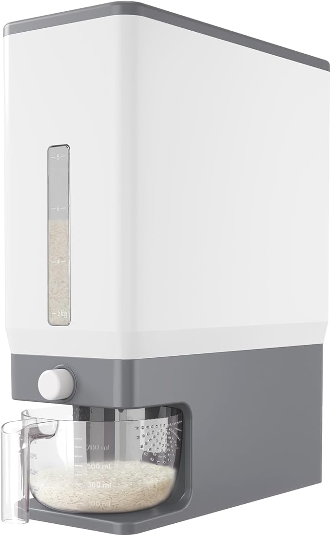 Lifewit Rice Dispenser 25 Lbs, Airtight Storage with Measuring Cup, Grey | BPA-Free 11.3kg Capacity Storage Container for Beans, Corn & Other Small Grains, One-Press Dispensing Bin for Kitchen Pantry by Lifewit