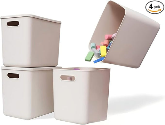 4 Piece Plastic Storage Baskets Boxes with Lids,11.8 x 8 x10 Inch Stackable Organizing Bins with Handles,Versatile Containers for Pantry,Bathroom,Closet Shelves Desktop (Light grey, 4XL) by Amyup