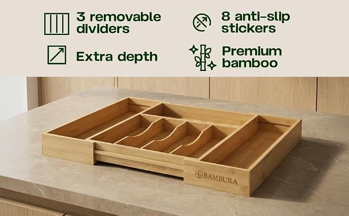 Expandable Bamboo Silverware Drawer Organizer, Utensil Holder Tray | 6 Compartments, 3 Movable Dividers, Fits 11.9-20.8 in Wide, Non-Slip Base, Cutlery & Flatware Caddy for Kitchen, Bath, Office - Image 3