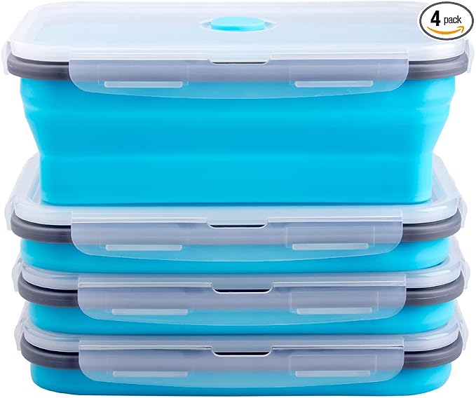 Collapsible Food Storage Containers with Airtight Lid & Air Vent, 40.5 oz, Kitchen Stacking Silicone Collapsible Meal Prep Container Set for Leftover, Microwave Freezer Dishwasher Safe, Blue, Set of 4 by Annaklin