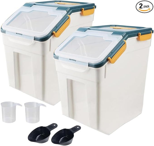AnRui Rice Storage Container 50LB, Airtight Flour Storage Containers, Plastic Cereal Grain Dispenser Organizer Pet Food Storage Bin with Lid, Measuring Cup, Scoop, Blue, 2Pcs,Total Capacity:100LB by AnRui