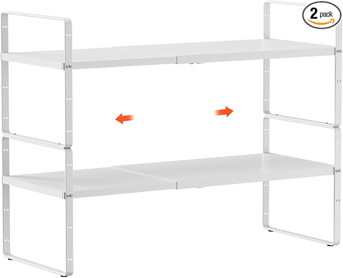 2Pcs Expandable Cabinet Shelf Organizer, 16.5"~27''L, White | Stackable Metal Shelves, Adjustable Spices Rack Stand, For Kitchen Countertop Storage, For Cupboard Pantry, 8" W x 9.6" H by jkxoo