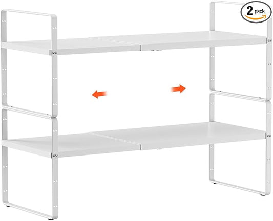 2Pcs Expandable Cabinet Shelf Organizer, 16.5"~27''L, White | Stackable Metal Shelves, Adjustable Spices Rack Stand, For Kitchen Countertop Storage, For Cupboard Pantry, 8" W x 9.6" H by jkxoo