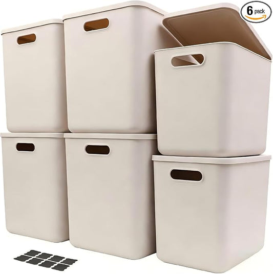 6 piece Plastic Storage Baskets Boxes with Lids,14.4x10.2x11.8 Inch Stackable Organizing Bins with Handles,Versatile Containers for Pantry,Bathroom,Closet Shelves Desktop (Light grey, 4XXL+2XL) by Amyup