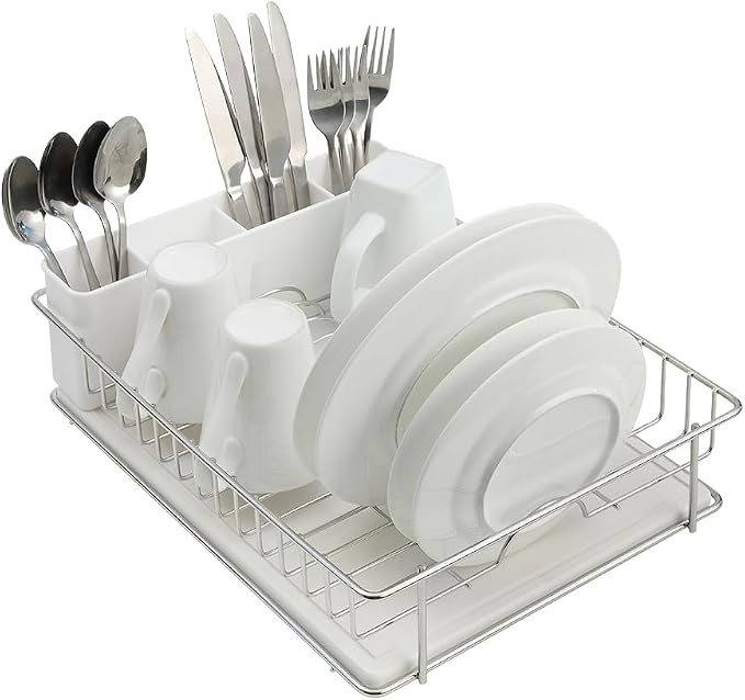 SunnyPoint 304 Stainless Steel Dish Drying Rack with Diatomaceous Earth Drainboard & Removable Utensil Caddy – Rust Resistant Countertop Dish Rack for Kitchen (Silvery-Grey) by SunnyPoint