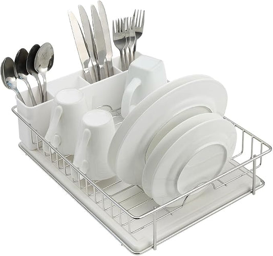 SunnyPoint 304 Stainless Steel Dish Drying Rack with Diatomaceous Earth Drainboard & Removable Utensil Caddy – Rust Resistant Countertop Dish Rack for Kitchen (Silvery-Grey) by SunnyPoint