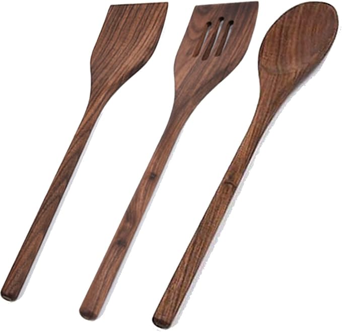 3 Pcs Black Walnut Kitchen Utensils Set, Natural Walnut Wood Cooking Tools for Heat Resistant NonStick Cookware Spatula Turner Solid Spoon Slotted Spoon Handmade Wooden Cooking Utensils by FiunkesLightFixture