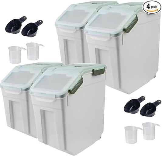 4 Pack Grain Food Storage Container, 20LB Airtight Rice Bin Storage Bucket with Spoon and Measuring Cup, Large Flour Dispenser Container Set 80LB Total Capacity, Green by MCMEICHUANG