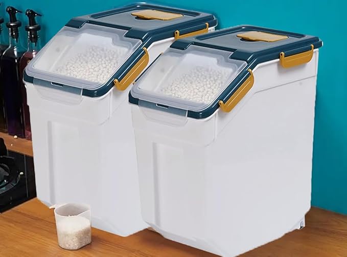 25LB Large Flour Storage Container Bin ,2 Pack Airtight Plastic with Wheels Seal Locking Lid Dispenser Organizer Storage Bin with Measuring Cup & Scoop for Flour, Rice, Grain 50LBS Total - Image 7