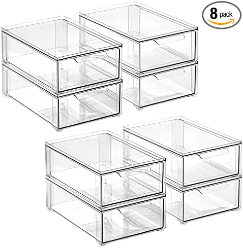 mDesign Plastic Stackable Bathroom Storage Organizer Bin with Pull Out Drawer for Cabinet, Vanity, Shelf, Cupboard, Cabinet, or Closet Organization - Lumiere Collection - 8 Pack - (Clear, 8 x 12 x 4) by mDesign
