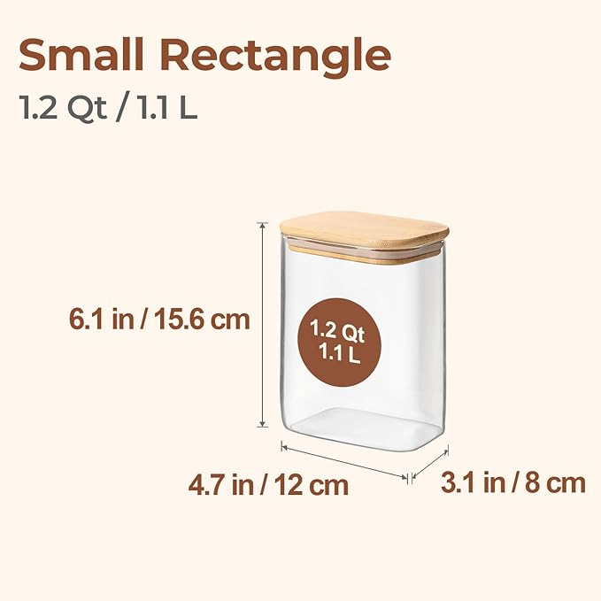 ComSaf Glass Storage Containers wtih Lids 1.2 Qt, Set of 4 Food Storage Jar | Glass Pantry Storage Containers, Rectangle Kitchen Canisters, Bamboo Lid with Silicone Seal, Cereal, Flour, 37oz, BPA Free - Image 2
