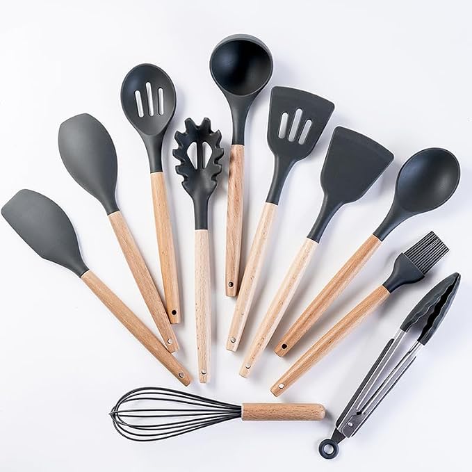 19 Pieces Kitchen Utensils and Knife Set with Block, Inldued 9 Pieces Silicone Cooking Utensils Set 5 Pieces Sharp Stainless Steel Chef Knives Scissors Whisk Tongs and Cutting Board (Black) - Image 8
