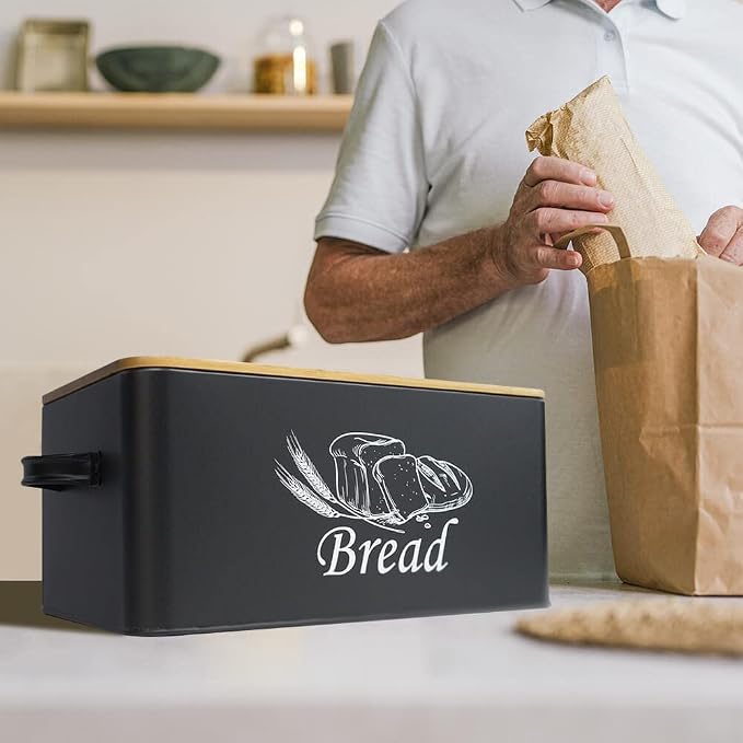 SOTECH Bread Box with 3pcs Jars Coffee Sugar Tea for Kitchen Countertop White Metal Bread Box with Bamboo Board Cover Pastry Storage Container Set Kitchen decor (Black box) - Image 7