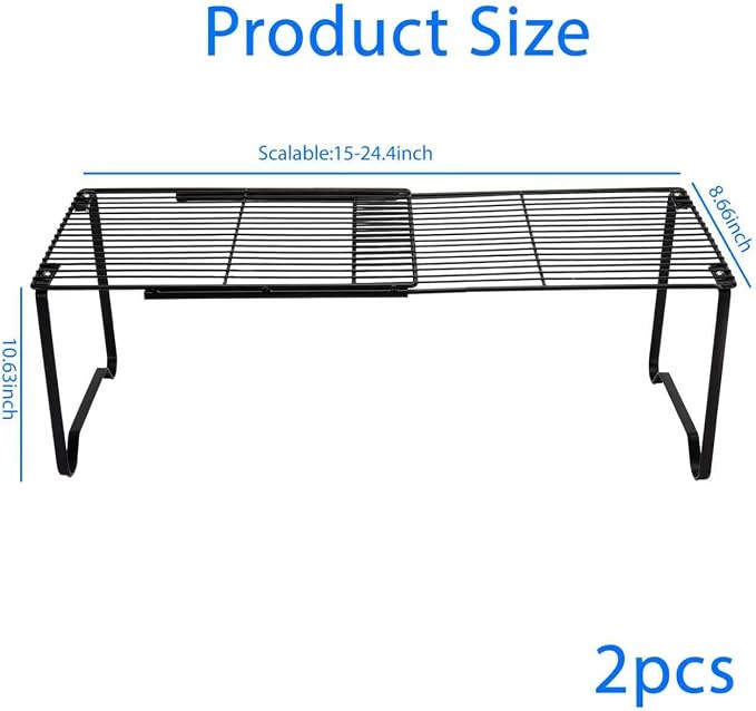 Extendable Metal Wire Shelf Organizer - Adjustable 15-24.4in Length, Stackable Storage Rack for Kitchen, Pantry, Bathroom, Shoe Cabinet & Tool Closet (2 Pack, Black) - Image 2