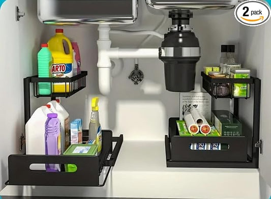 Under Sink Organizer 2-Pack Slide Out Drawer 2 Tier Storage Black Under Cabinet Kitchen Bath by Unknown