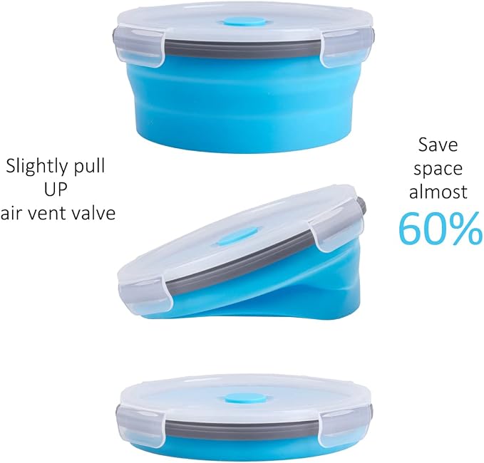 Collapsible Food Storage Containers Round with Airtight Lid, 27 oz, Kitchen Stacking Silicone Collapsible Meal Prep Container Set for Leftover, Microwave Freezer Dishwasher Safe, Blue, Set of 4 - Image 3