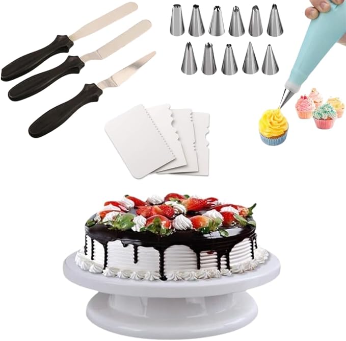 12 Piece Cake Decorating Nozzle Cake Making Set Combo - Versatile Baking and Cake Decoration Kit with 360-Degree Rotating Turntable, Icing Nozzles, Scraper Set, Silicone Spatulaa (Combo 8) by Unknown